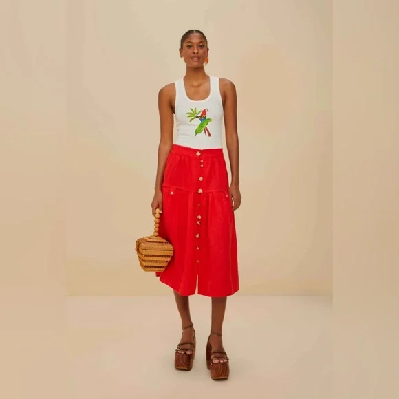 FARM RIO Red Mixed Buttons Euroflax™ Premium Linen Midi Skirt - Picture 1 of 3